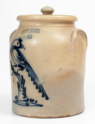 Fine 1 1/2 Gal. J. & E. NORTON / BENNINGTON, VT Stoneware Lidded Jar w/ Slip-Trailed Pheasant