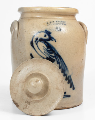 Fine 1 1/2 Gal. J. & E. NORTON / BENNINGTON, VT Stoneware Lidded Jar w/ Slip-Trailed Pheasant