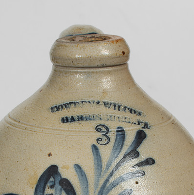 Fine 3 Gal. COWDEN & WILCOX / HARRISBURG, PA Stoneware Jug w/ Floral Decoration