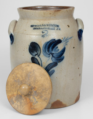 2 Gal. COWDEN & WILCOX / HARRISBURG, PA Stoneware Lidded Jar w/ Floral Decoration