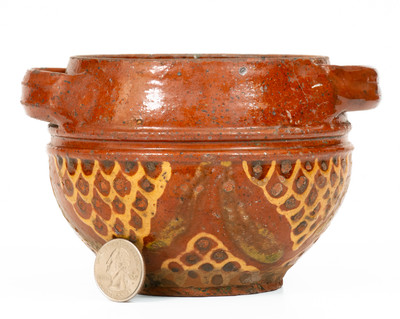 Very Fine Small-Sized Slip-Decorated Redware Sugar Bowl, possibly Peter Bell