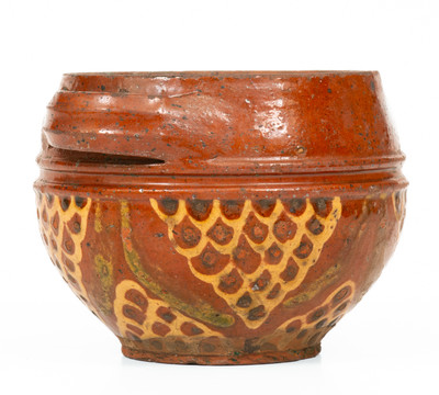 Very Fine Small-Sized Slip-Decorated Redware Sugar Bowl, possibly Peter Bell