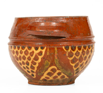 Very Fine Small-Sized Slip-Decorated Redware Sugar Bowl, possibly Peter Bell