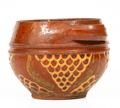 Very Fine Small-Sized Slip-Decorated Redware Sugar Bowl, possibly Peter Bell