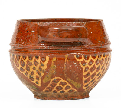 Very Fine Small-Sized Slip-Decorated Redware Sugar Bowl, possibly Peter Bell