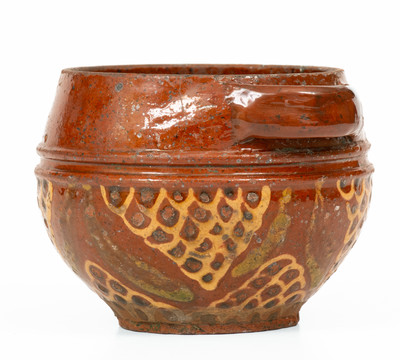 Very Fine Small-Sized Slip-Decorated Redware Sugar Bowl, possibly Peter Bell