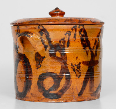 Outstanding Mid-Atlantic Redware Lidded Jar with Manganese Initials 