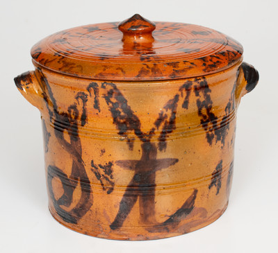 Outstanding Mid-Atlantic Redware Lidded Jar with Manganese Initials 