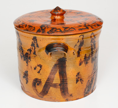 Outstanding Mid-Atlantic Redware Lidded Jar with Manganese Initials 