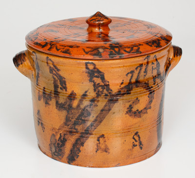 Outstanding Mid-Atlantic Redware Lidded Jar with Manganese Initials 