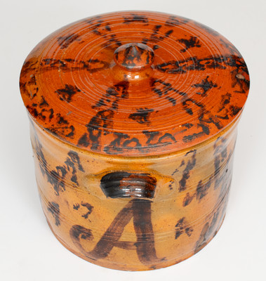 Outstanding Mid-Atlantic Redware Lidded Jar with Manganese Initials 