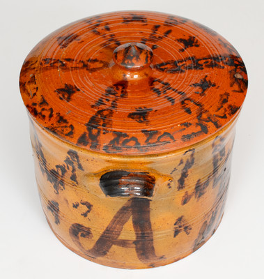 Outstanding Mid-Atlantic Redware Lidded Jar with Manganese Initials
