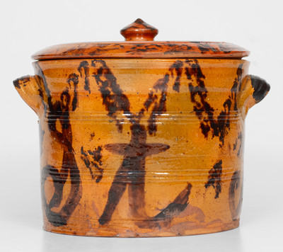 Outstanding Mid-Atlantic Redware Lidded Jar with Manganese Initials 