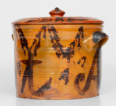 Outstanding Mid-Atlantic Redware Lidded Jar with Manganese Initials 