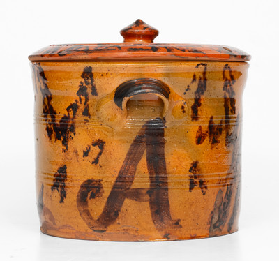 Outstanding Mid-Atlantic Redware Lidded Jar with Manganese Initials 