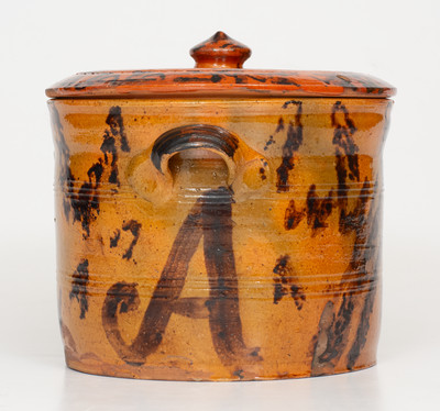 Outstanding Mid-Atlantic Redware Lidded Jar with Manganese Initials 