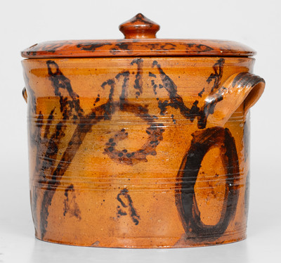 Outstanding Mid-Atlantic Redware Lidded Jar with Manganese Initials 