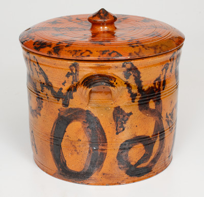 Outstanding Mid-Atlantic Redware Lidded Jar with Manganese Initials 