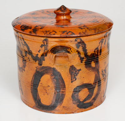 Outstanding Mid-Atlantic Redware Lidded Jar with Manganese Initials