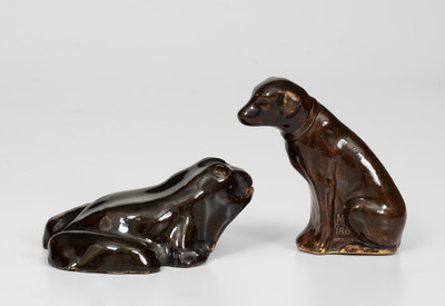 Lot of Two: Albany Slip-Glazed Stoneware Dog and Frog Figures, probably Ohio, circa 1885