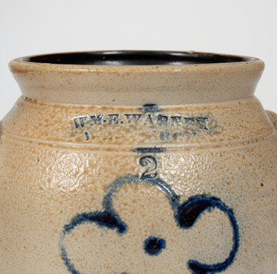 2 Gal. WM. E. WARNER / WEST TROY Stoneware Jar w/ Slip-Trailed Floral Decoration