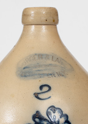 2 Gal. BURGER & LANG / ROCHESTER, NY Stoneware Jug w/ Floral Decoration, c1875