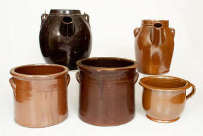 Lot of Five: Albany Slip-Glazed Stoneware Crocks and Batter Pails