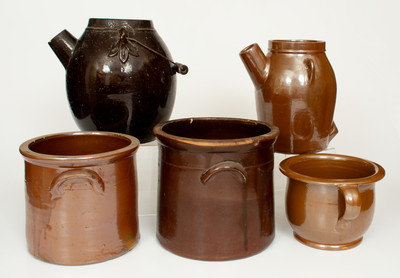 Lot of Five: Albany Slip-Glazed Stoneware Crocks and Batter Pails