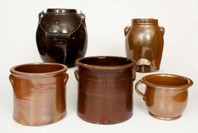 Lot of Five: Albany Slip-Glazed Stoneware Crocks and Batter Pails