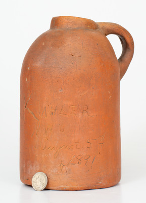 Unusual Hand-Molded Brick Clay Jug Inscribed