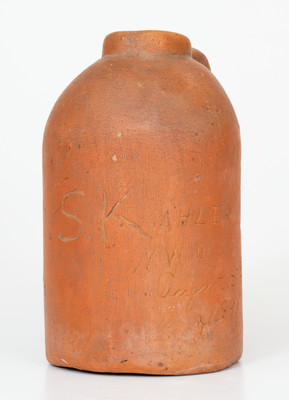 Unusual Hand-Molded Brick Clay Jug Inscribed