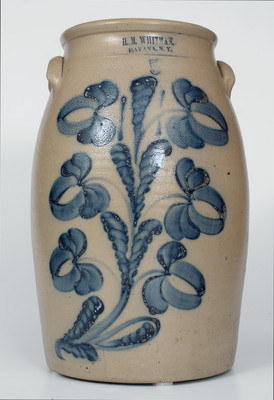 Exceptional H. M. WHITMAN / HAVANA, NY Stoneware Churn w/ Elaborate Floral Decoration