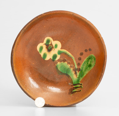 Redware Plate w/ Three-Color-Slip Floral Decoration, attrib. Diehl Pottery, Rockhill Twp, Bucks County, PA