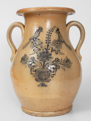 Large-Sized Stoneware Urn w/ Incised Bird and Floral Decoration