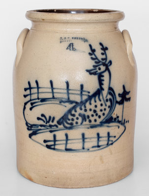 Fine 4 Gal. J. & E. NORTON / BENNINGTON, VT Stoneware Jar w/ Elaborate Reclining Deer Decoration