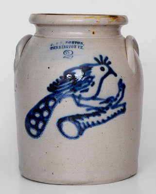 Very Rare and Fine J. & E. NORTON / BENNINGTON, VT Stoneware Jar w/ Elaborate Peacock on Branch