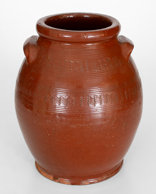 Unusual New England Redware Jar w/ Elaborate Incised Decoration