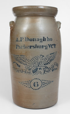 Fine 6 Gal. A. P. Donaghho / Parkersburg, WV Stoneware Eagle Churn, Excelsior Pottery