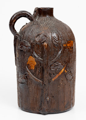 Rare Midwestern Stoneware Jug w/ Lizard Handle and Applied Foliate Decoration, c1885