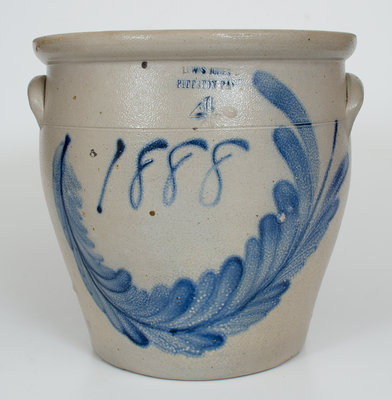 Rare Four-Gallon LEWIS JONES / PITTSTON, PA Stoneware Jar w/ Cobalt Wreath and 1888 Date