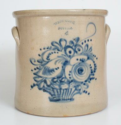Four-Gallon WEST TROY / N. Y. / POTTERY Stoneware Crock w/ Cobalt Flower Basket