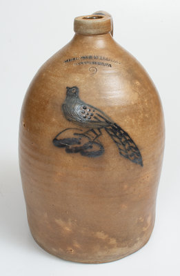 Rare COWDEN & WILCOX / HARRISBURG, PA Stoneware Jug w/ Unusual Bird Decoration