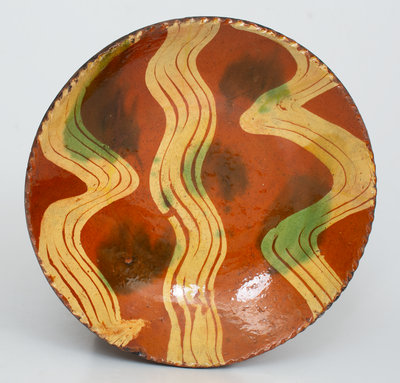 18th Century Philadelphia Redware Plate w/ Profuse Yellow and Copper Slip Decoration