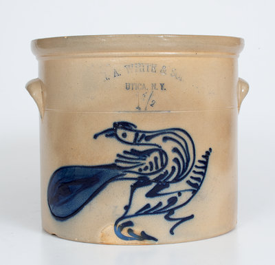 Rare N. A. WHITE & SON / UTICA, NY Stoneware Crock w/ Elaborate Paddletail Bird Decoration