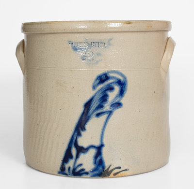 2 Gal. WHITES UTICA Stoneware Crock with Bird Decoration