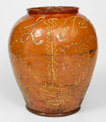 Extremely Rare 18th Century Bristol County, MA Large-Sized Redware Jar w/ Profuse Yellow Slip Decoration