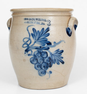 3 Gal. COWDEN & WILCOX / HARRISBURG, PA Stoneware Jar w/ Bold Grapes Decoration