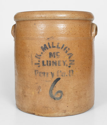 6 Gal. McLUNEY / PERRY COUNTY, OH Stoneware Stenciled Advertising Crock