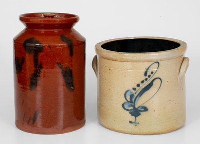 Lot of Two: Norwalk, CT Lidded Redware Jar and Decorated Stoneware Crock
