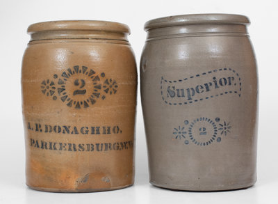 Lot of Two: A. P. DONAGHHO / PARKERSBURG, WV 2 Gal. Stoneware Jars incl. SUPERIOR Example